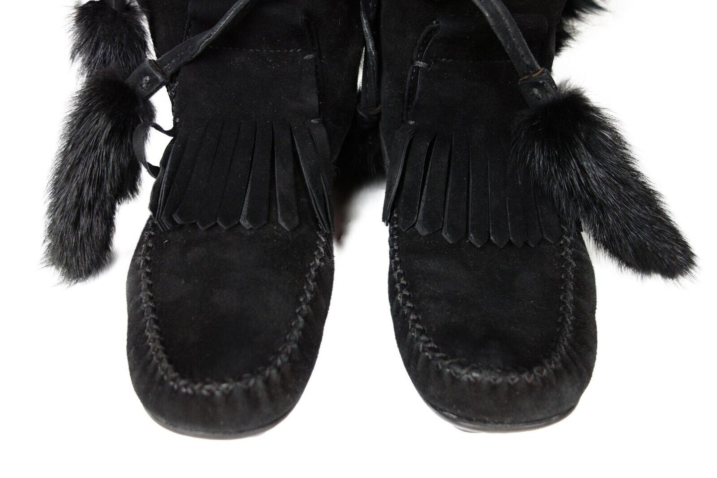 YVES SAINT LAURENT Black Suede Boots Lace up Fur YSL 38.5