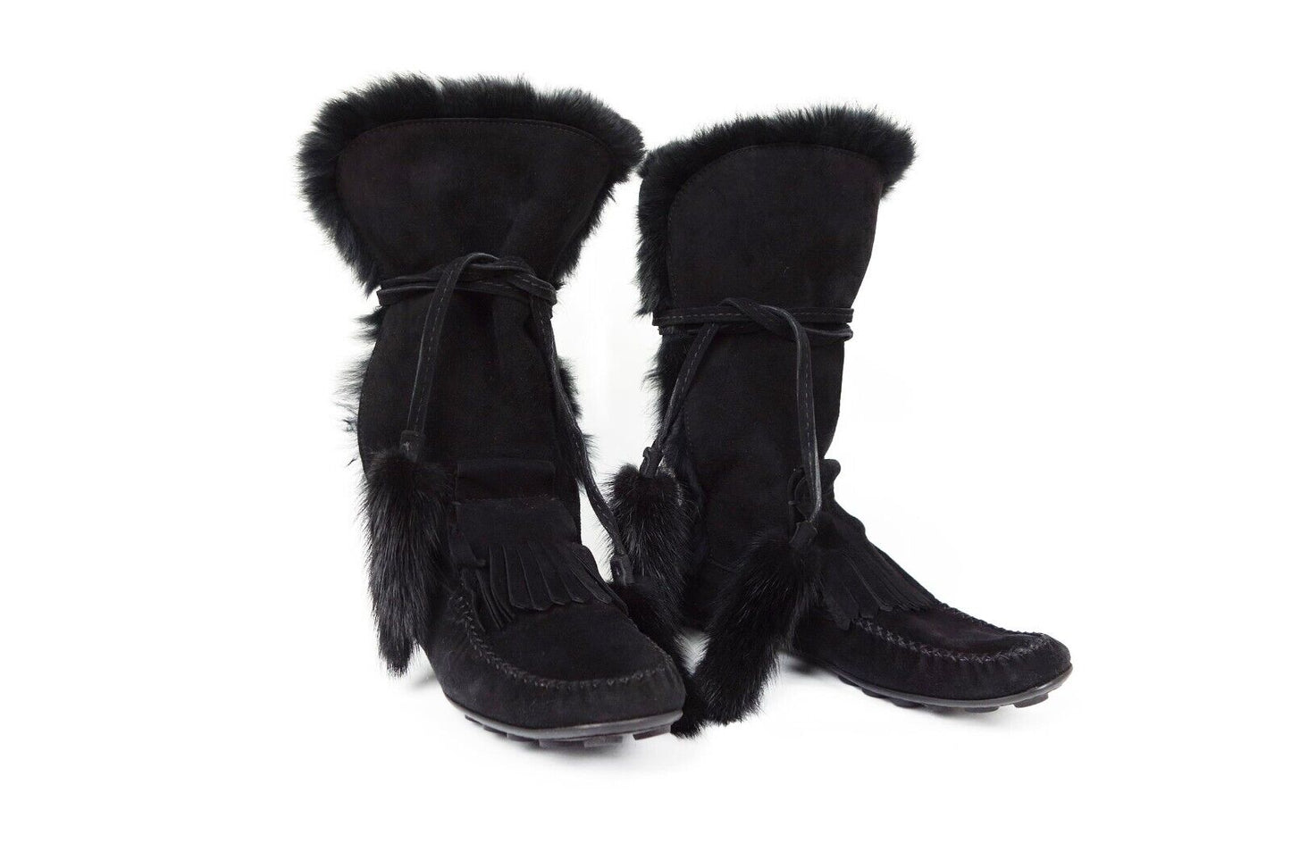 YVES SAINT LAURENT Black Suede Boots Lace up Fur YSL 38.5