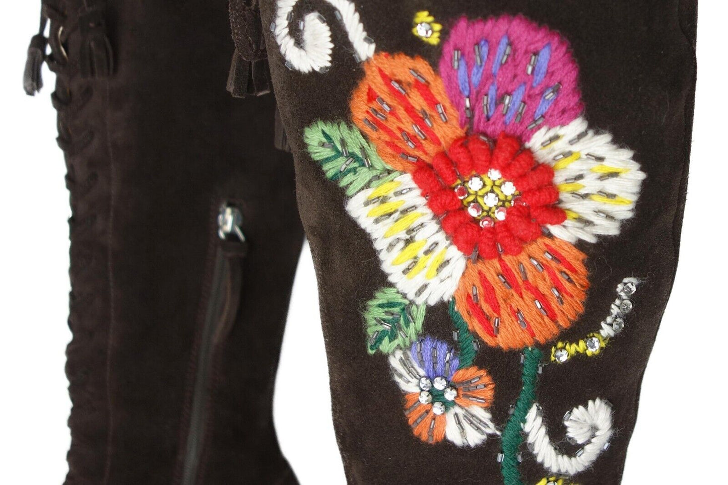 MIU MIU Vintage Floral Embroidered Suede Dark Brown Boots Sequins Heels Boho 70s