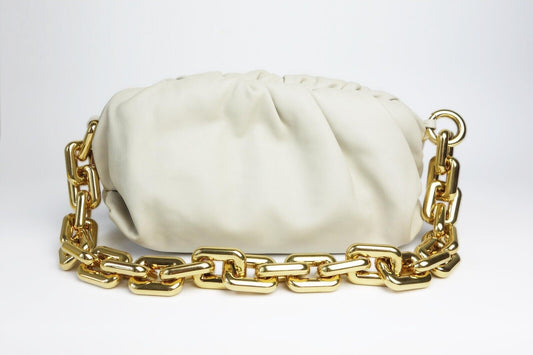 Bottega Veneta Cream Leather Chain Pouch Bag Ivory Gathered Teen