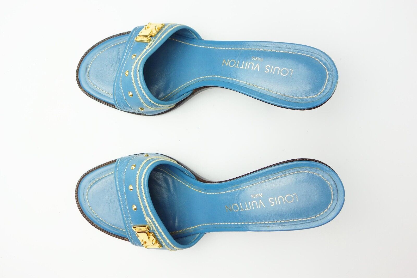 Louis Vuitton Vintage Blue Leather Embellished Buckle Slide Sandals Logo Heels