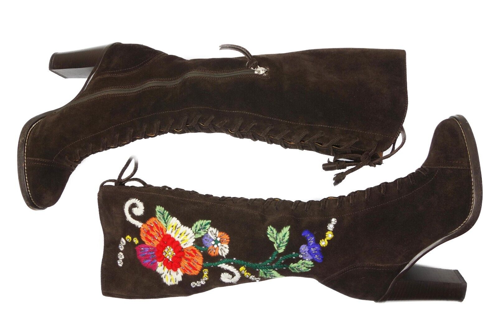 MIU MIU Vintage Floral Embroidered Suede Dark Brown Boots Sequins Heels Boho 70s