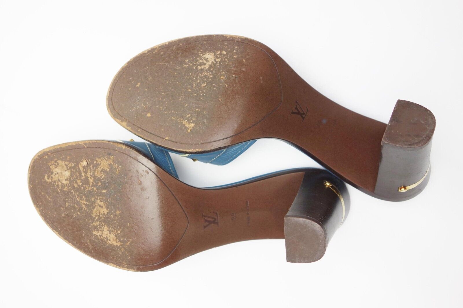 Louis Vuitton Vintage Blue Leather Embellished Buckle Slide Sandals Logo Heels