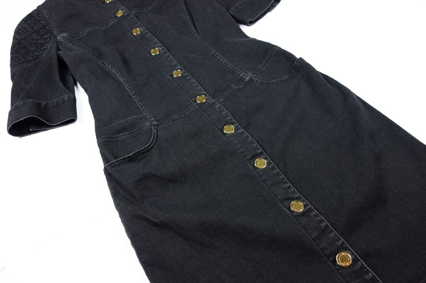 Louis Vuitton Monogram Embroidery Stretch Black Denim Dress Jeans S XS Logo LV