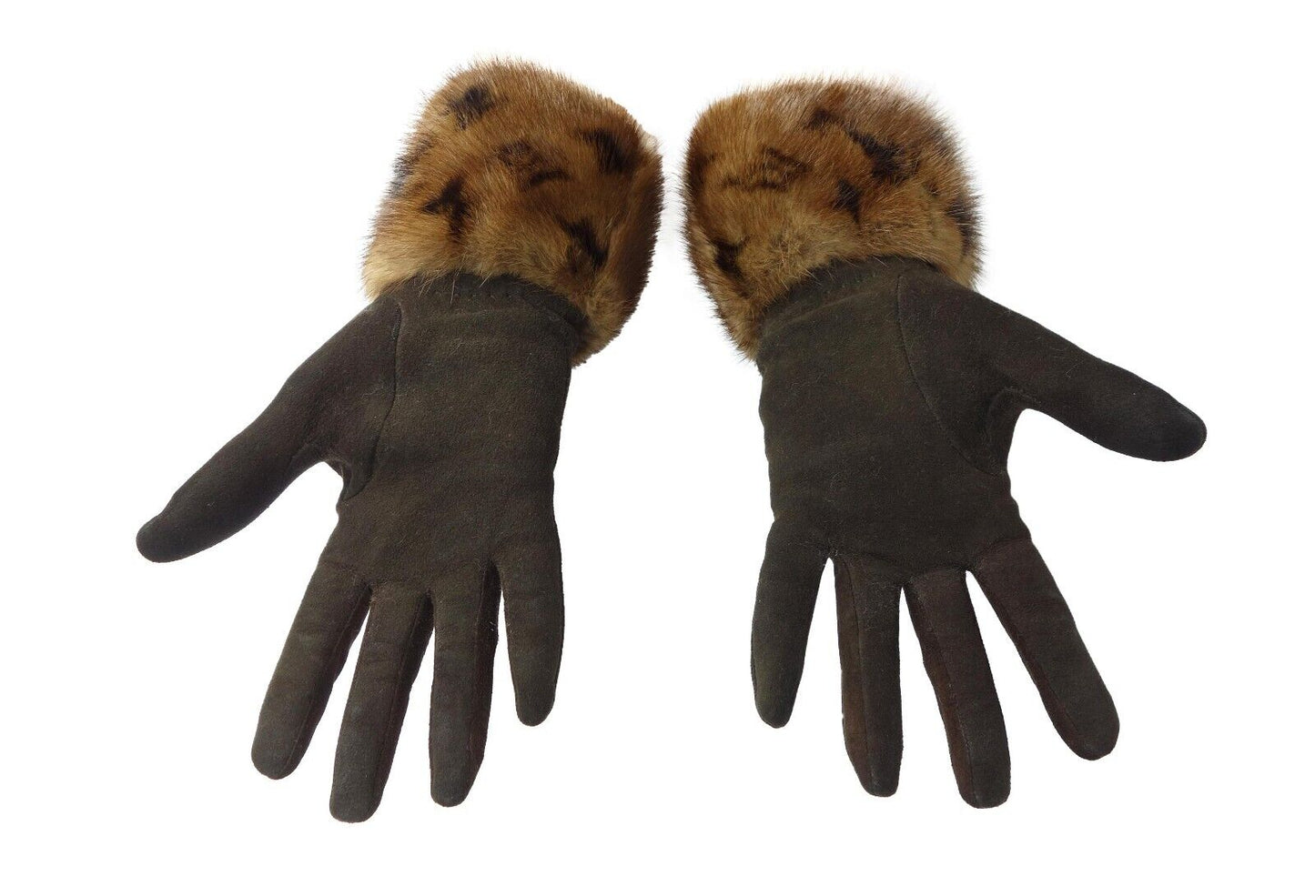 Louis Vuitton Brown Monogram Fur Mink Gloves LV Logo Size S