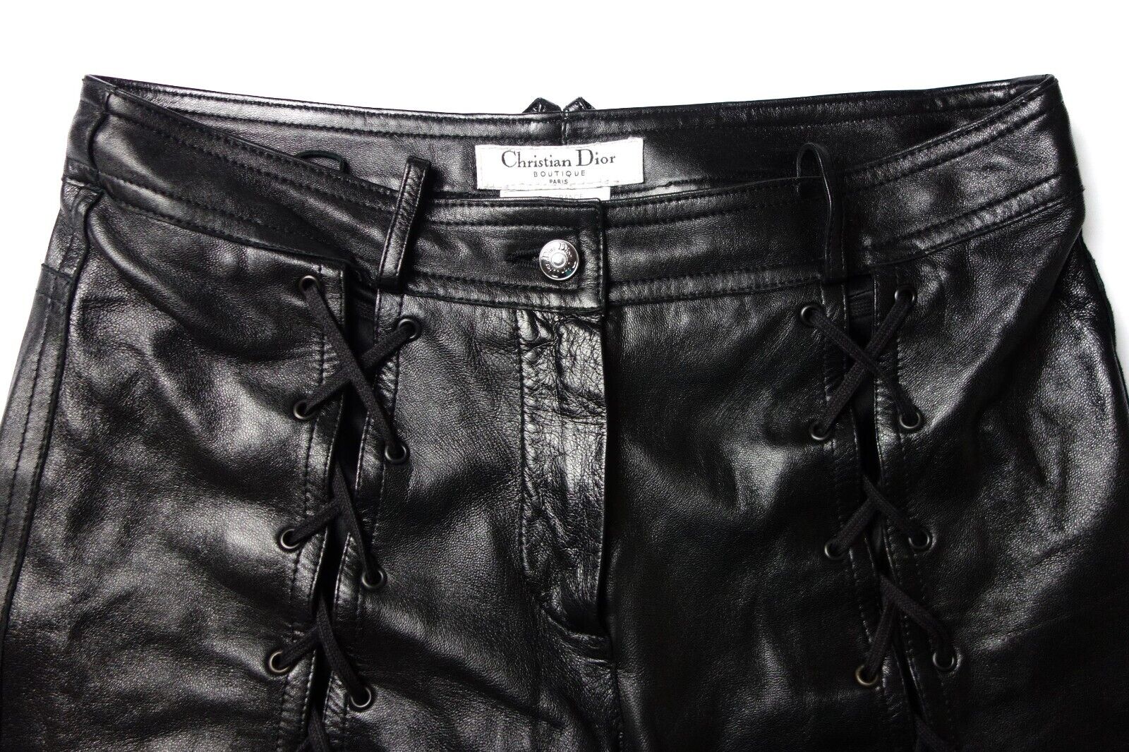 Christian Dior by John Galliano Black Leather Lace Up Pants fw 2003 Bondage Rare