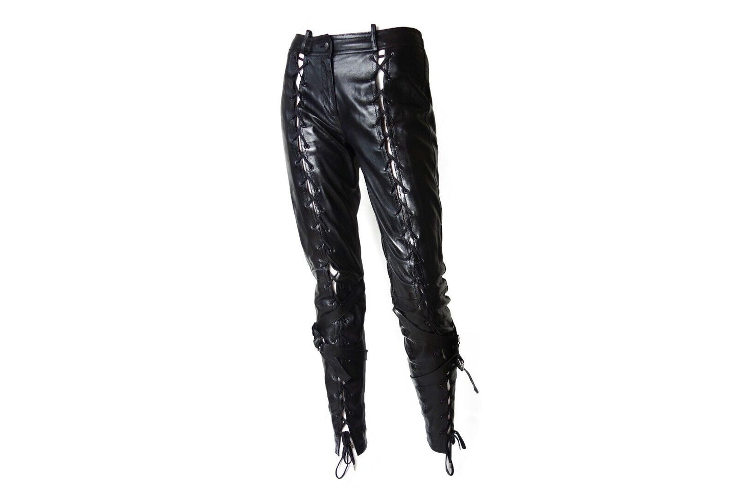 Christian Dior by John Galliano Black Leather Lace Up Pants fw 2003 Bondage Rare