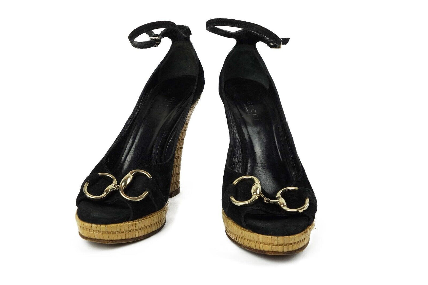 Gucci Black Suede GG Horsebit Sandal Wedges Shoes 36 35.5 Pumps