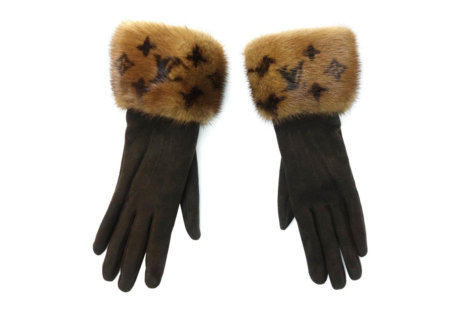 Louis Vuitton Brown Monogram Fur Mink Gloves LV Logo Size S