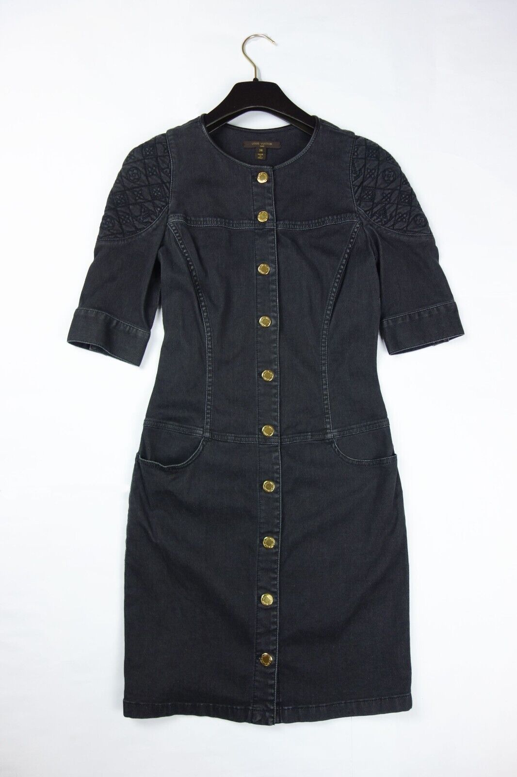 Louis Vuitton Monogram Embroidery Stretch Black Denim Dress Jeans S XS Logo LV