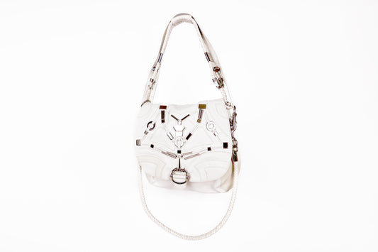 Gucci White Leather 'Techno' Horsebit Large Flap Bag