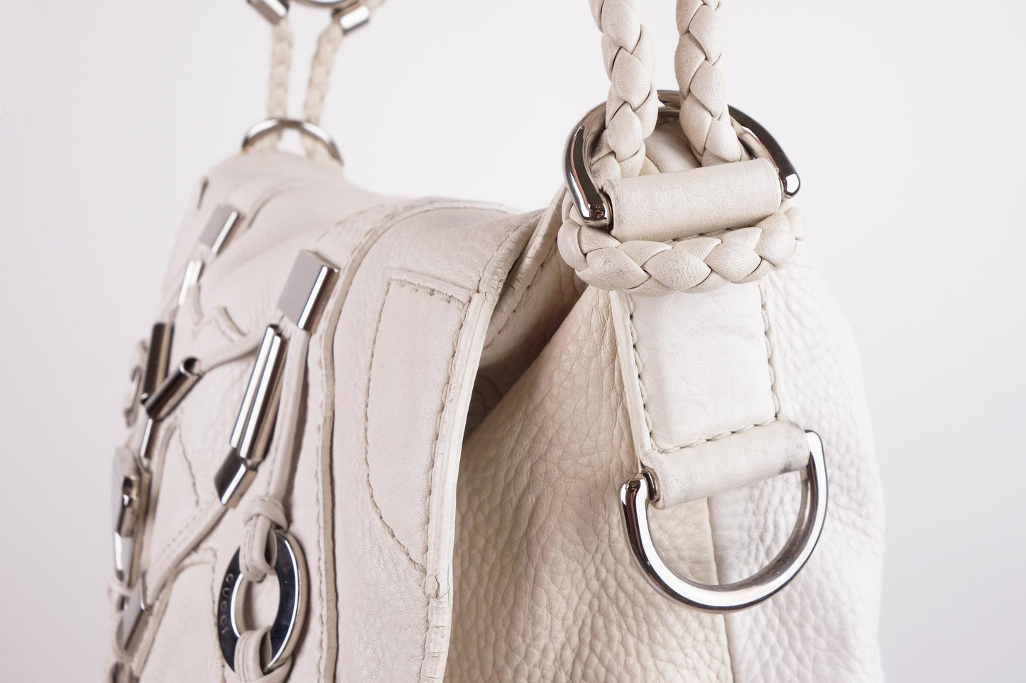 Gucci White Leather 'Techno' Horsebit Large Flap Bag