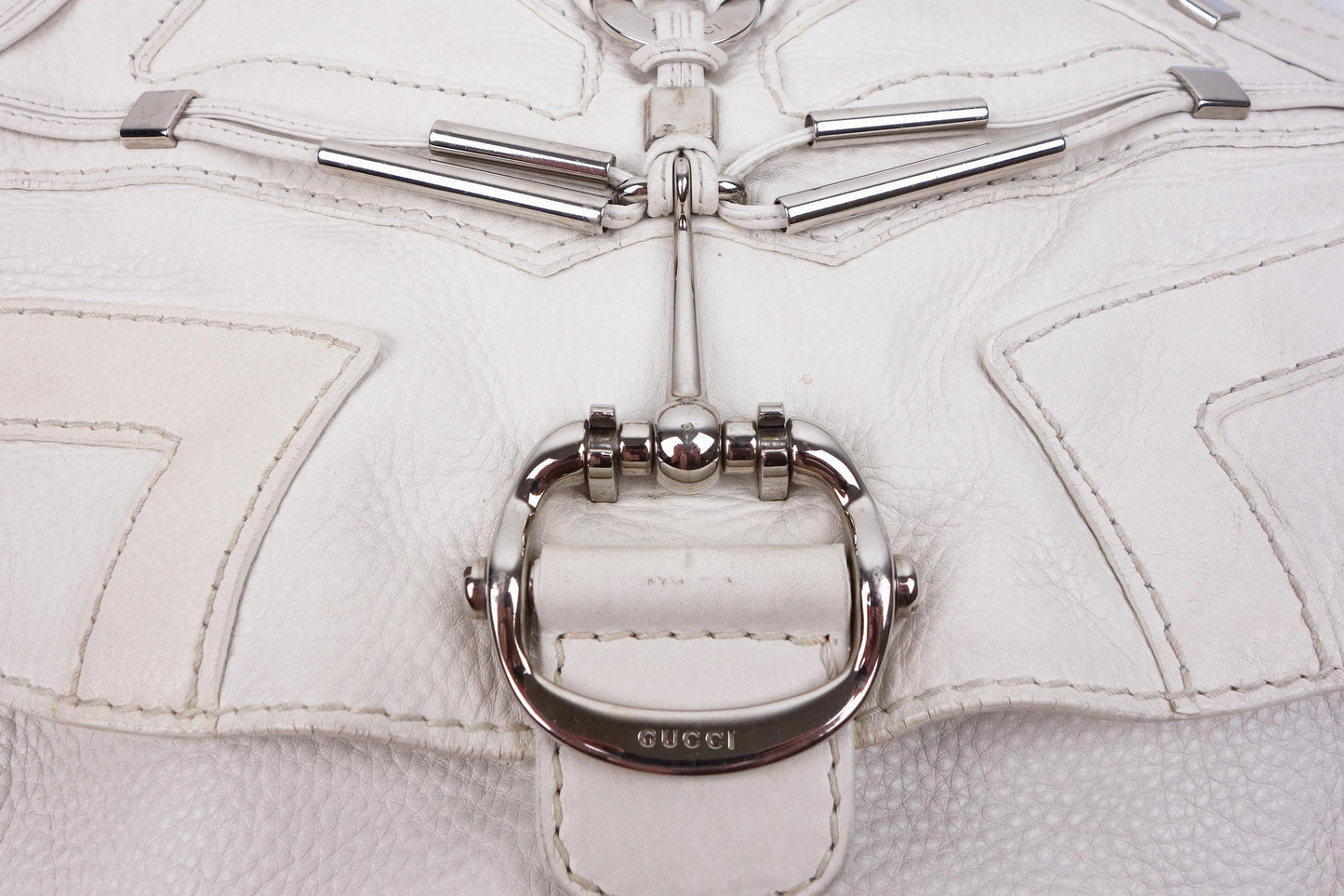 Gucci White Leather 'Techno' Horsebit Large Flap Bag