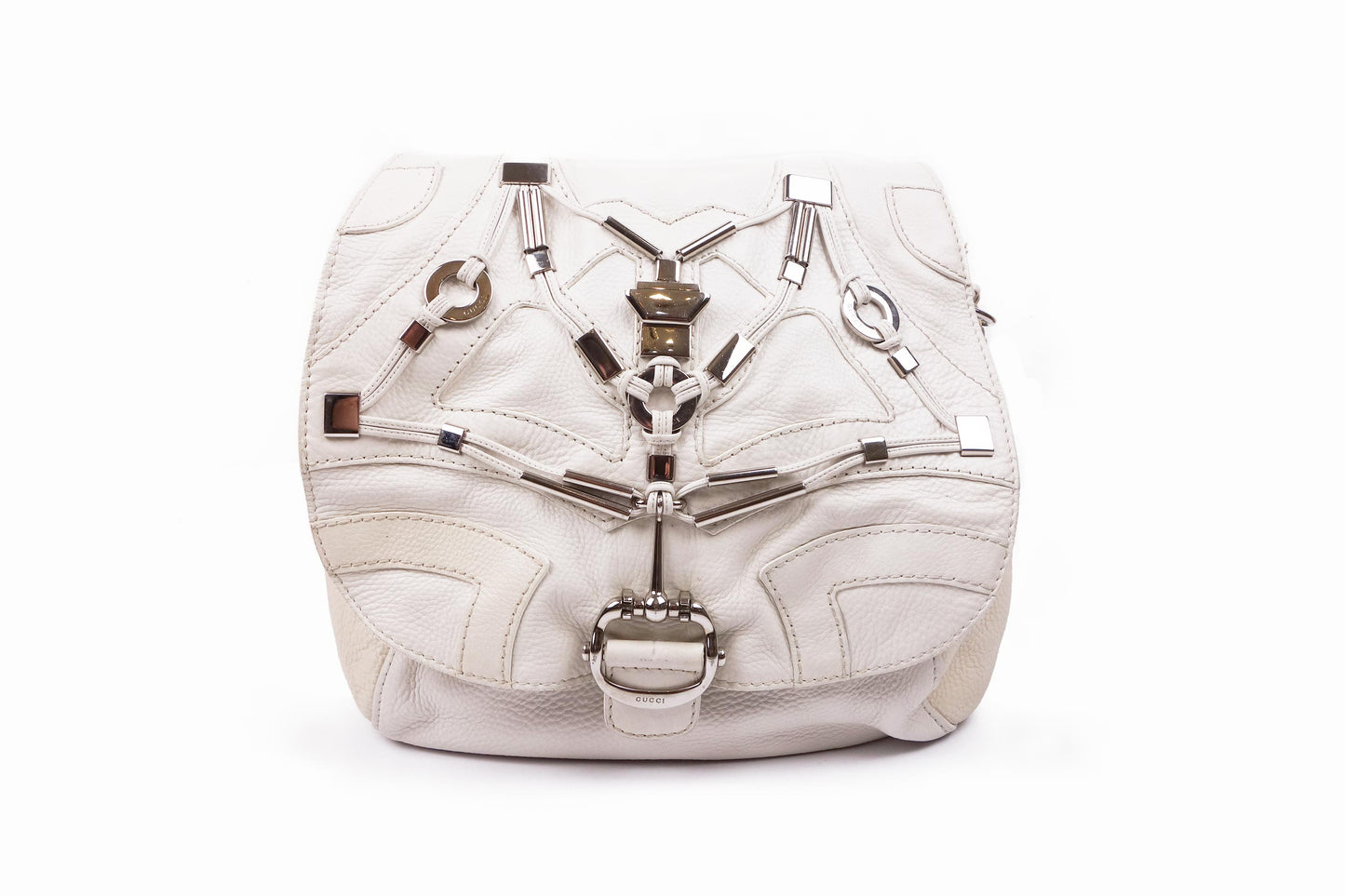 Gucci White Leather 'Techno' Horsebit Large Flap Bag