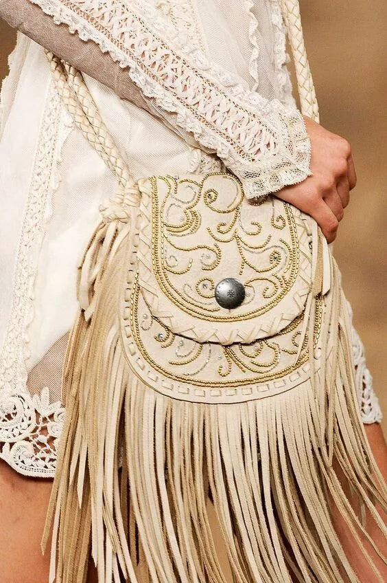 RALPH LAUREN Beige Leather Fringe Crossbody Bag